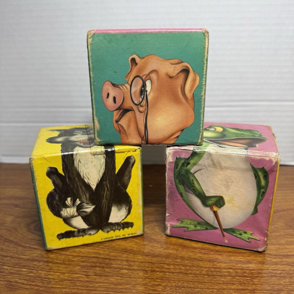 Vintage Children's Animal Blocks Set of 3 Used